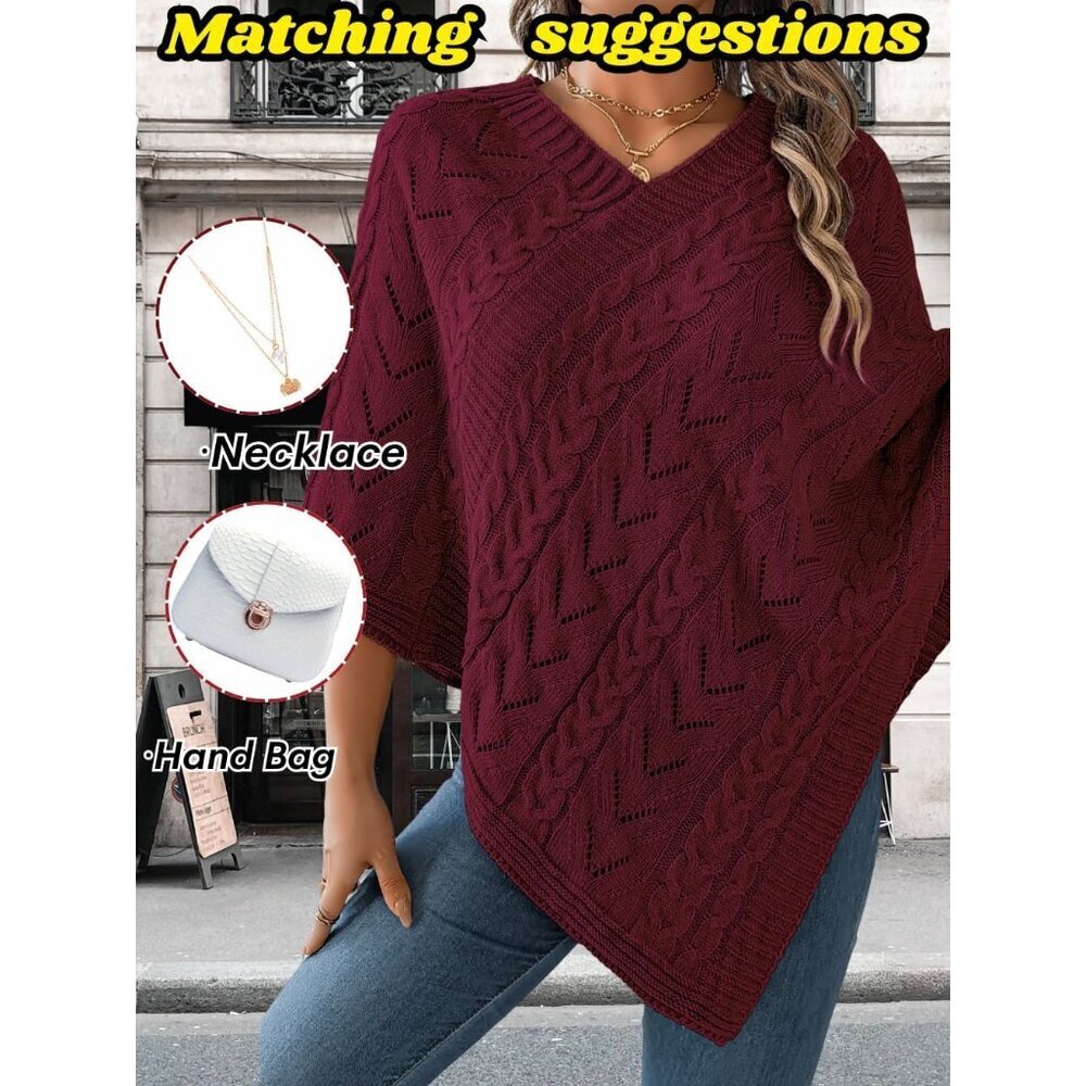 Women Knit Poncho Sweater Irregular Hollow Out Cape Top Casual Fall Winter - Picture 5 of 7